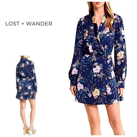 New. Lost And Wander navy floral wrap dress. XS. Retails $98 - Picture 1 of 8